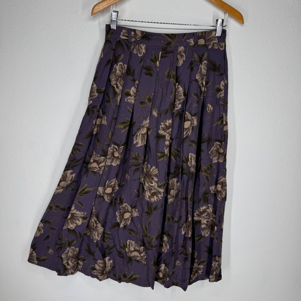 Vintage Purple Floral Pleated Midi Pull On Skirt Herringbone Rayon Small Earthy